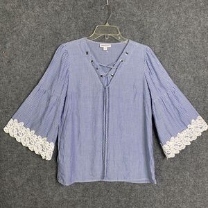Westport Striped Pullover Top Women XS Lace Up Neckline Flare Lace Sleeves